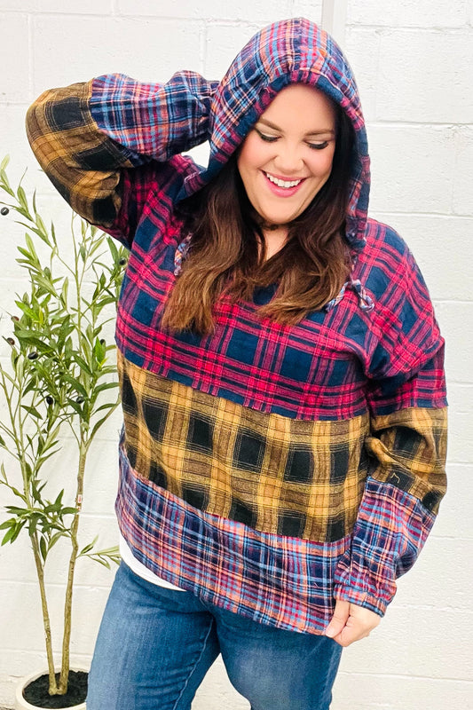 Natalia | Holiday-ready red and mustard check flannel hoodie with a notched neckline