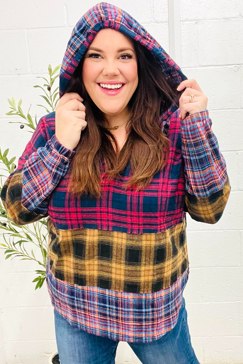Natalia | Holiday-ready red and mustard check flannel hoodie with a notched neckline