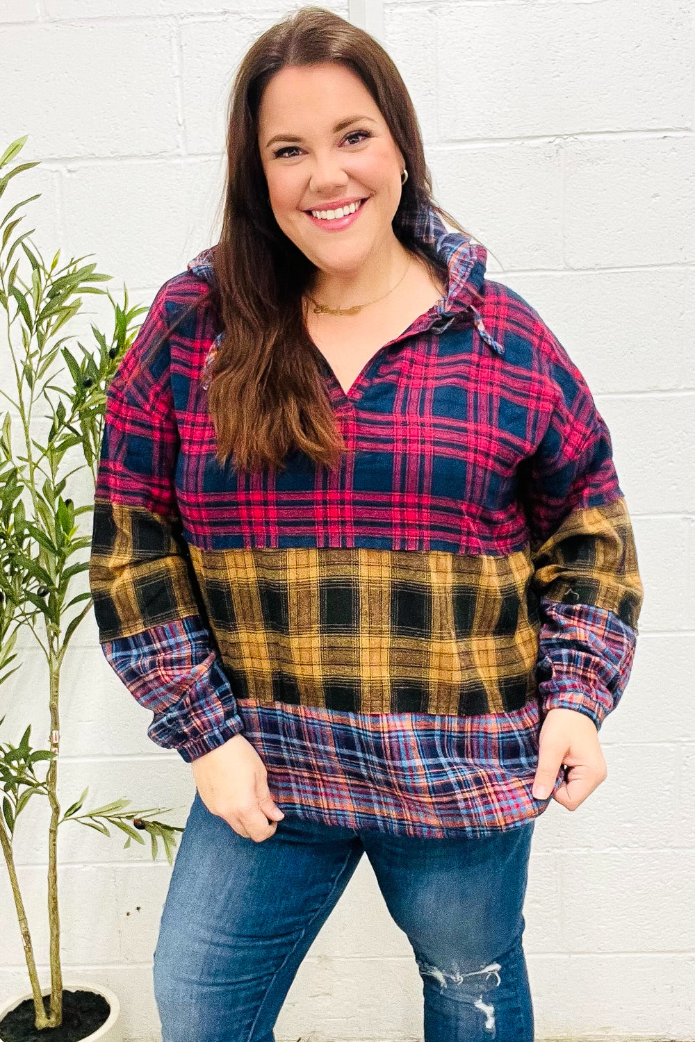 Natalia | Holiday-ready red and mustard check flannel hoodie with a notched neckline