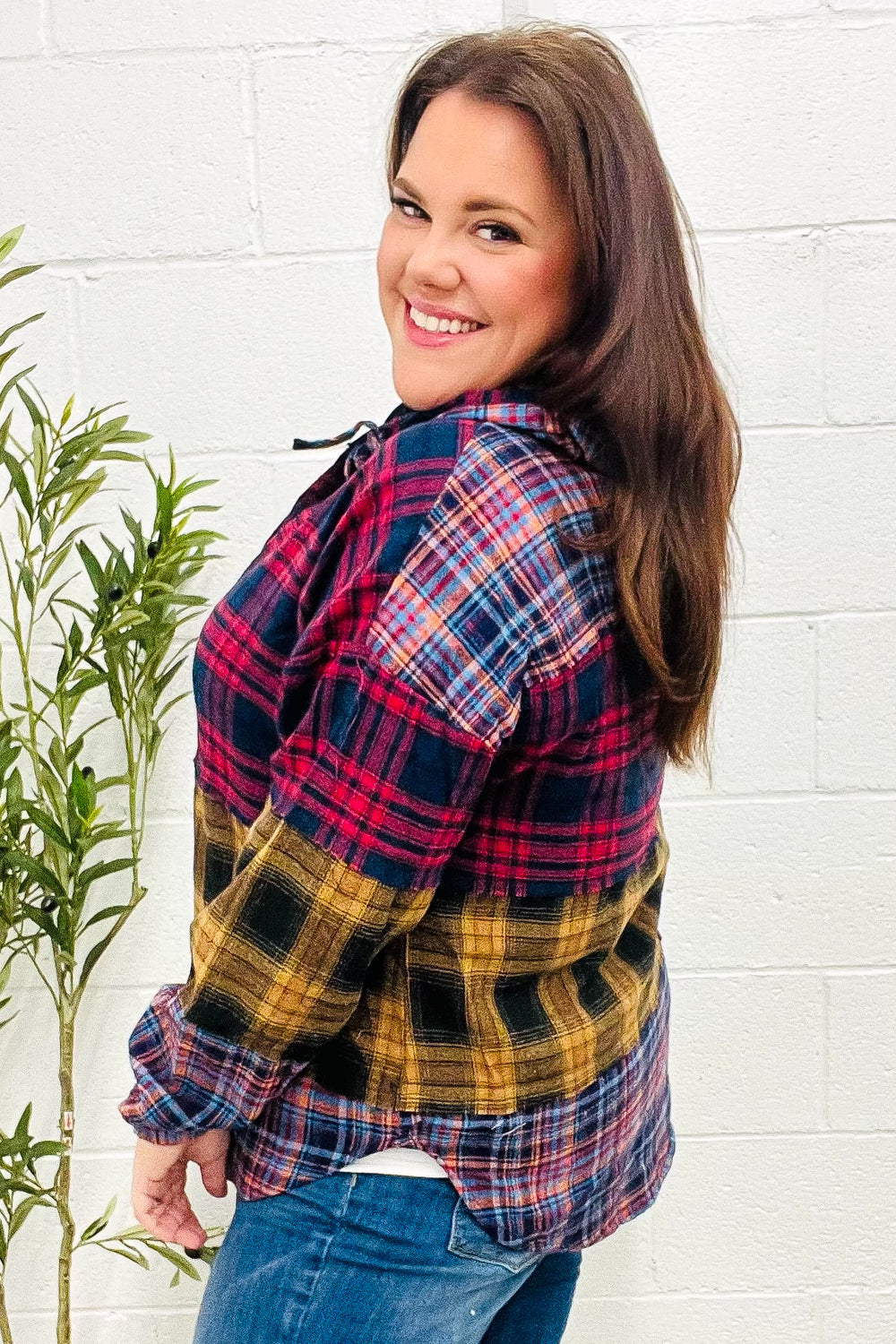 Natalia | Holiday-ready red and mustard check flannel hoodie with a notched neckline