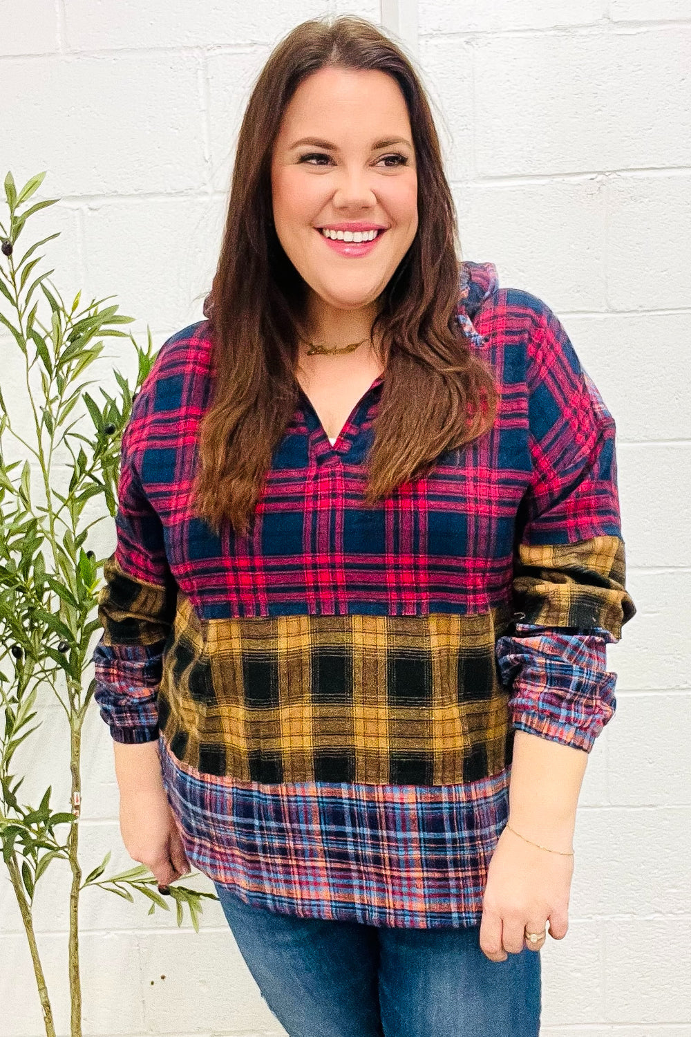 Natalia | Holiday-ready red and mustard check flannel hoodie with a notched neckline
