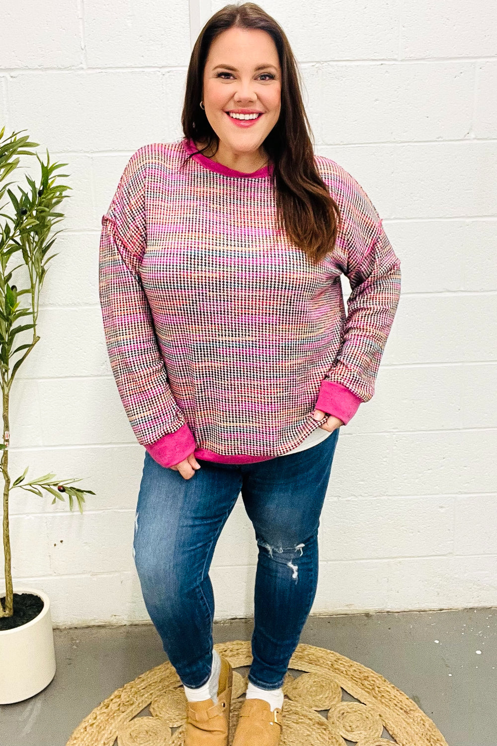Olivia | Bring Joy Magenta Multicolor Textured Waffle Knit Sweater