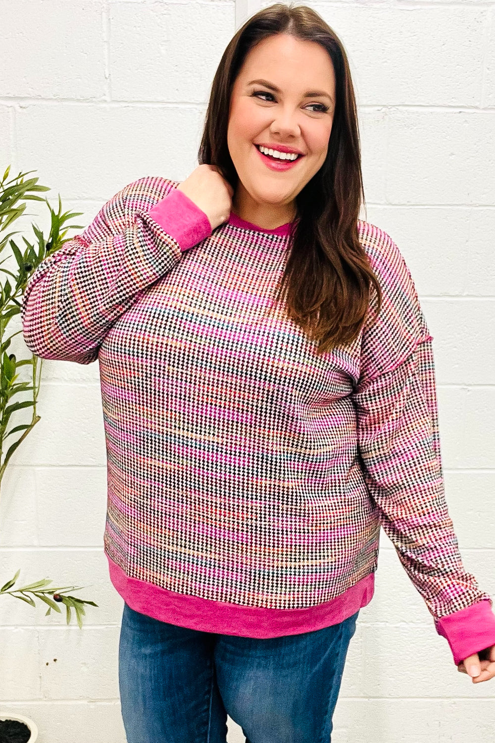 Olivia | Bring Joy Magenta Multicolor Textured Waffle Knit Sweater