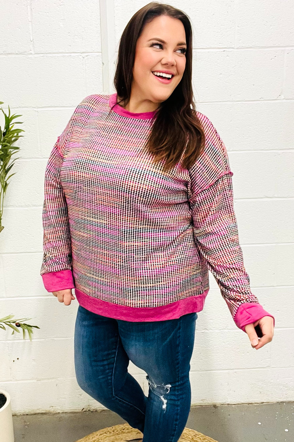 Olivia | Bring Joy Magenta Multicolor Textured Waffle Knit Sweater