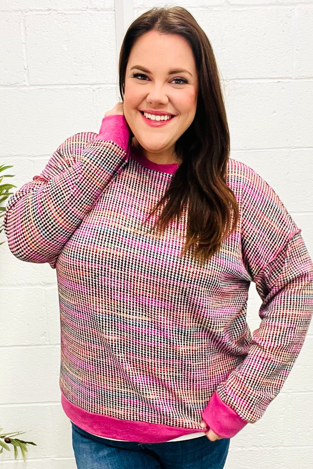 Olivia | Bring Joy Magenta Multicolor Textured Waffle Knit Sweater