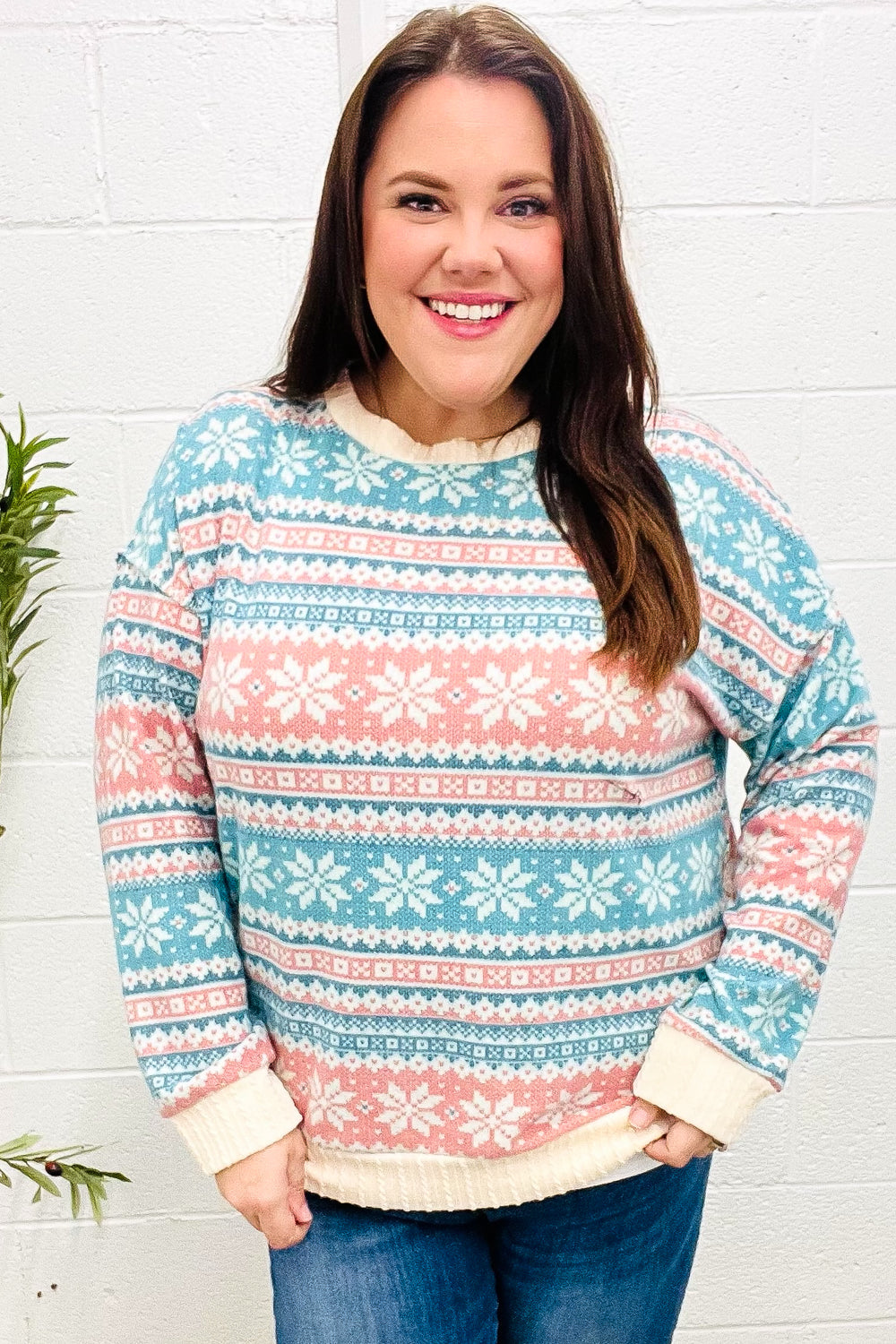 Hilda | Snow white Hacci cable knit sweater with Nordic Fair Isle print