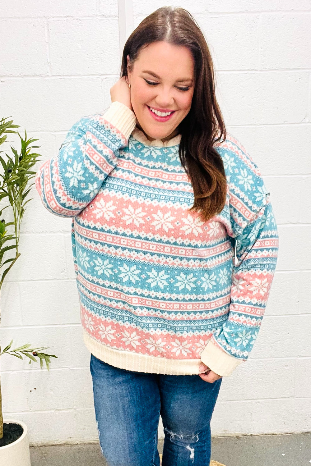 Hilda | Snow white Hacci cable knit sweater with Nordic Fair Isle print