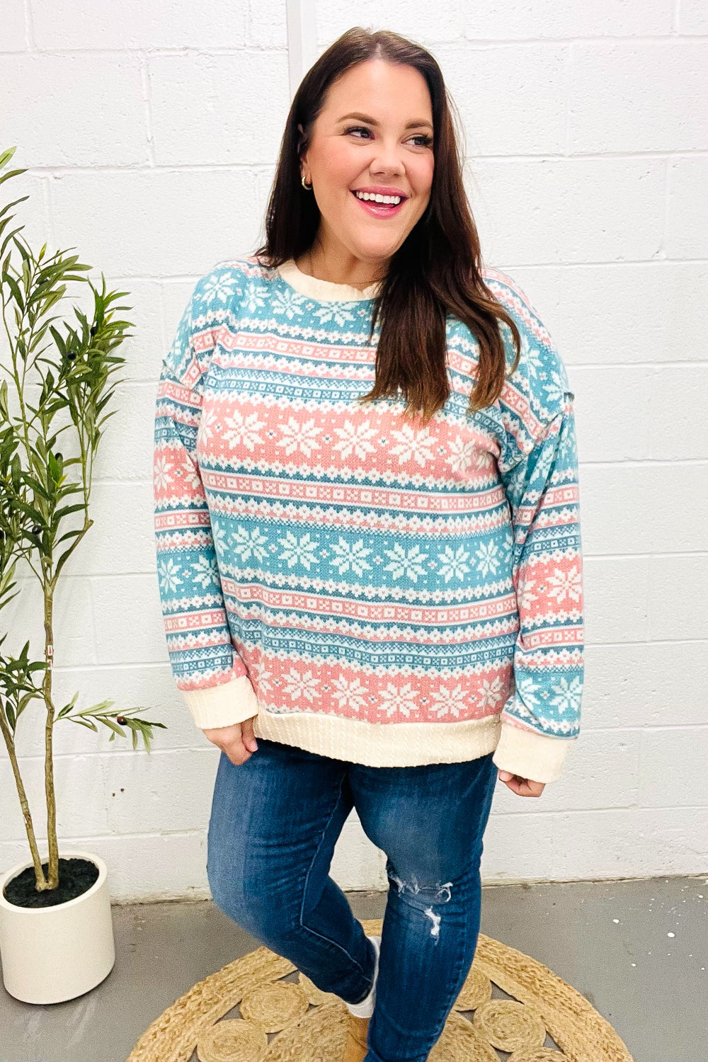 Hilda | Snow white Hacci cable knit sweater with Nordic Fair Isle print