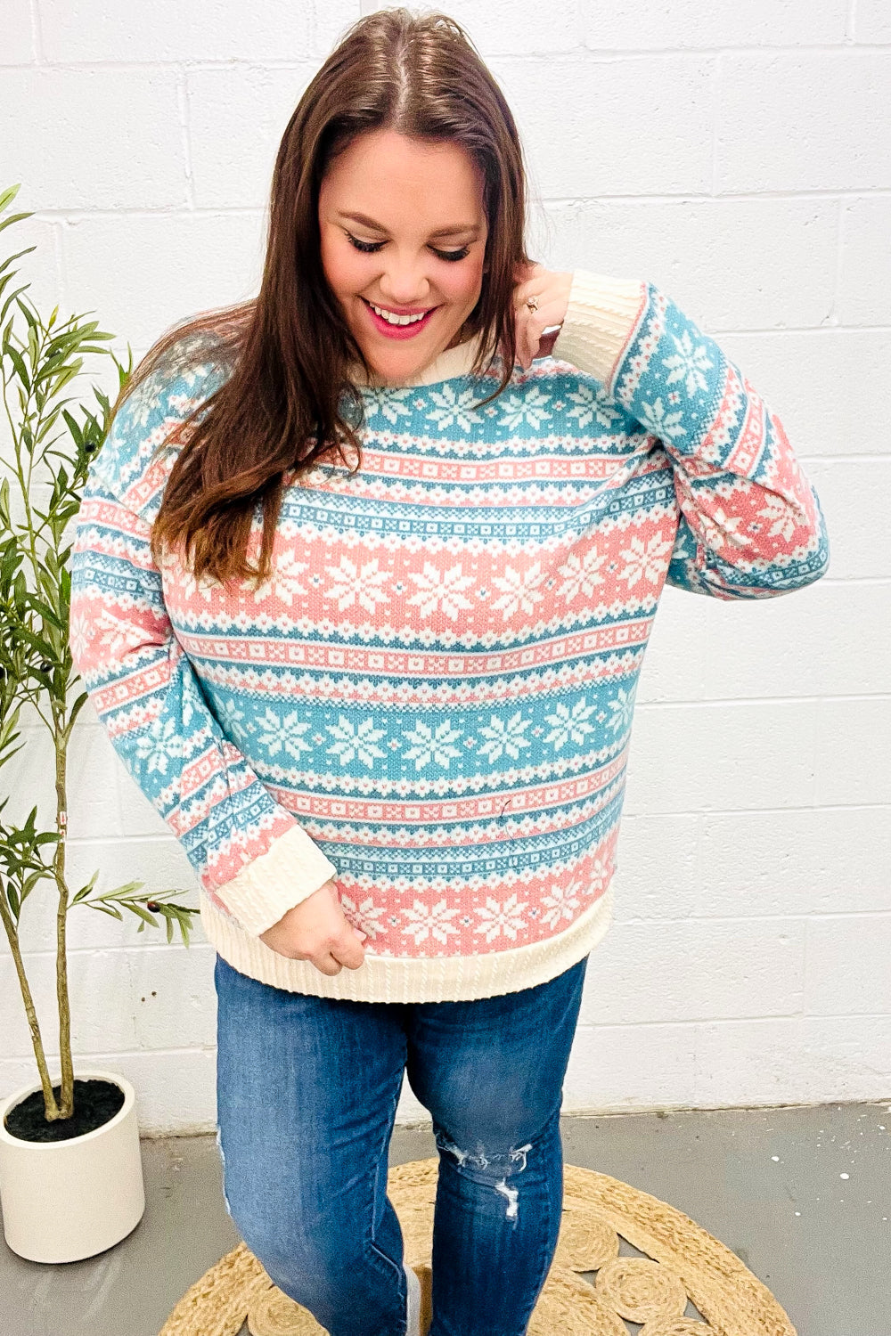 Hilda | Snow white Hacci cable knit sweater with Nordic Fair Isle print
