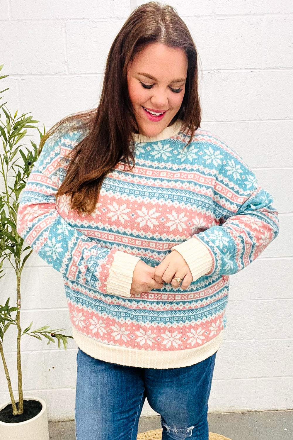 Hilda | Snow white Hacci cable knit sweater with Nordic Fair Isle print