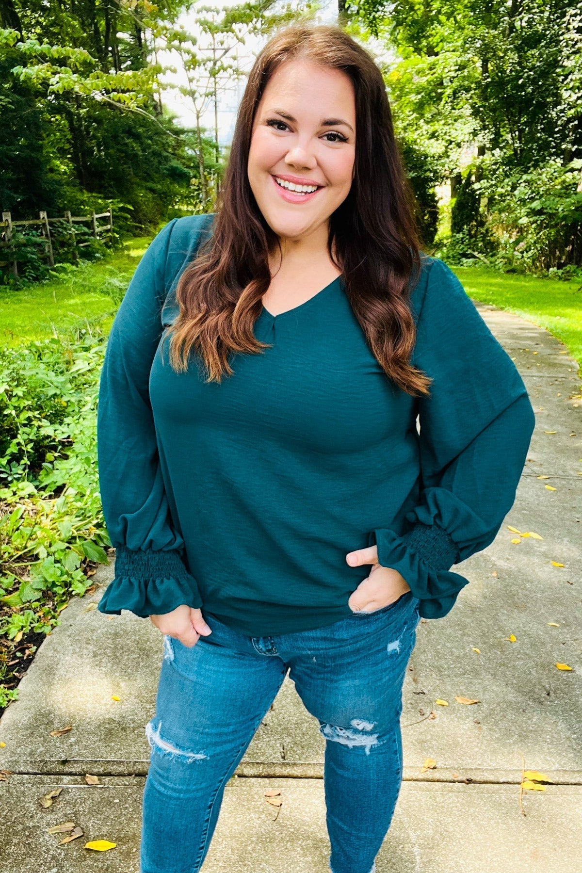 Nadine | Hello beautiful hunter green smocked woven top with bubble sleeves