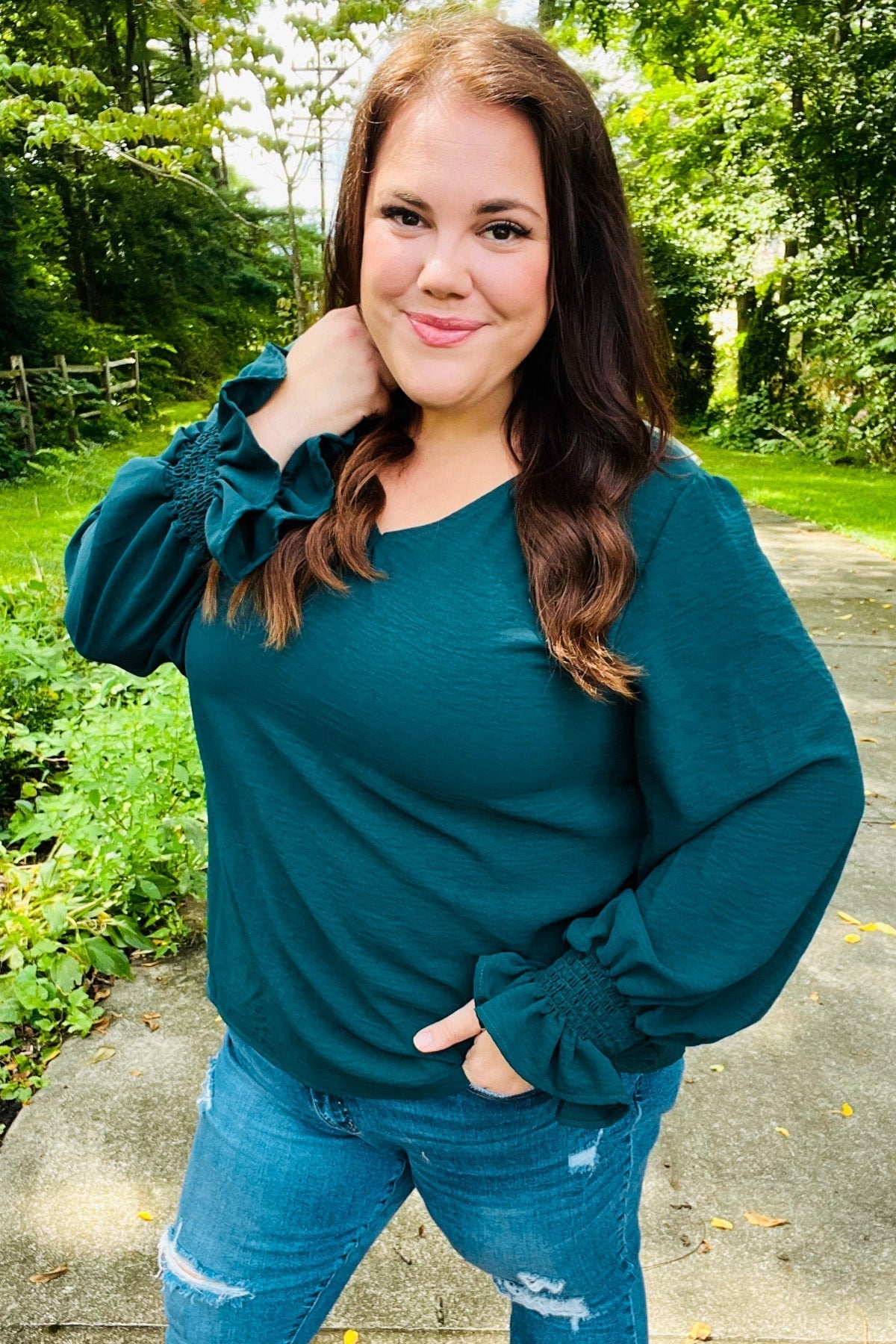 Nadine | Hello beautiful hunter green smocked woven top with bubble sleeves