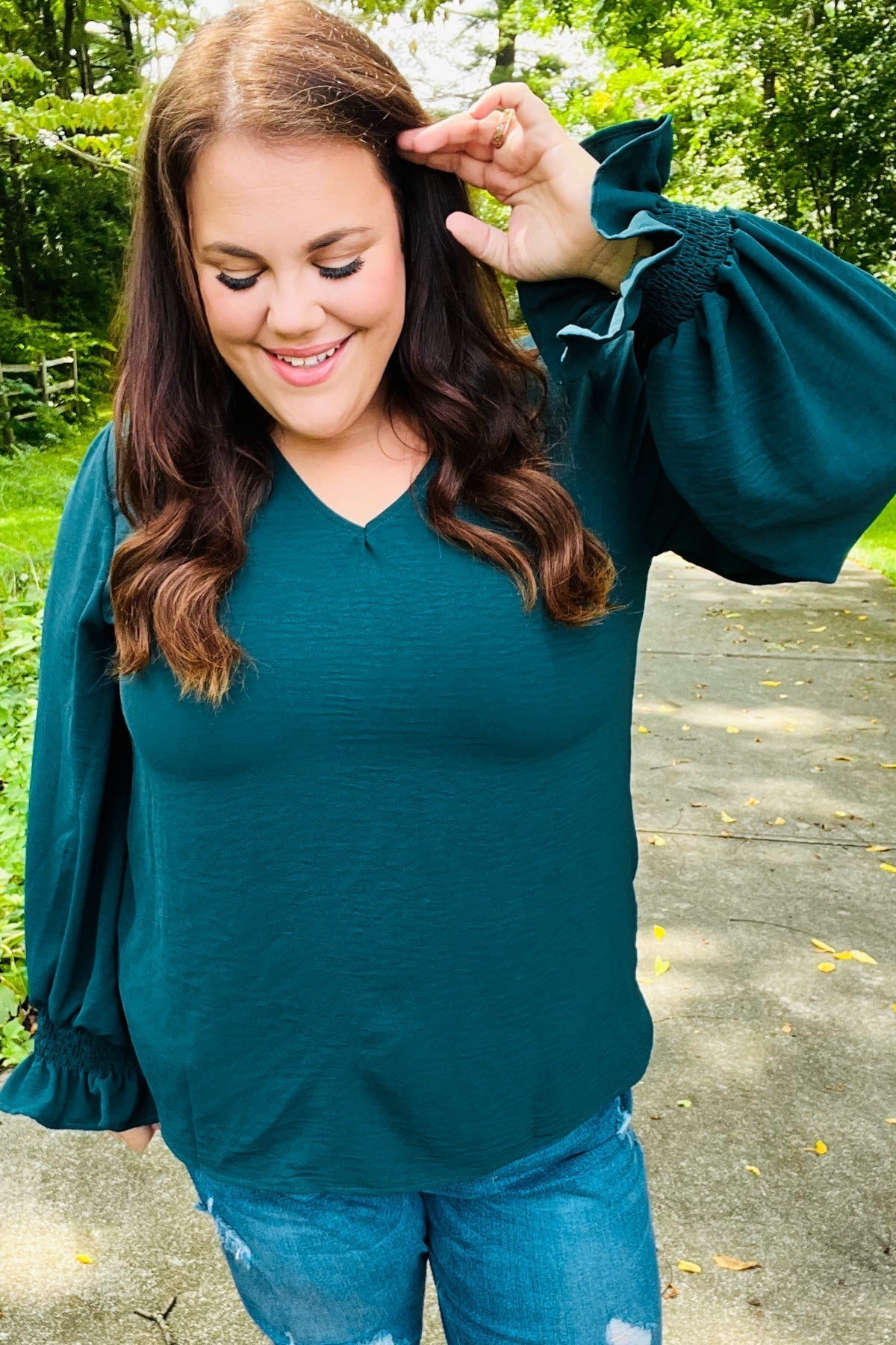 Nadine | Hello beautiful hunter green smocked woven top with bubble sleeves