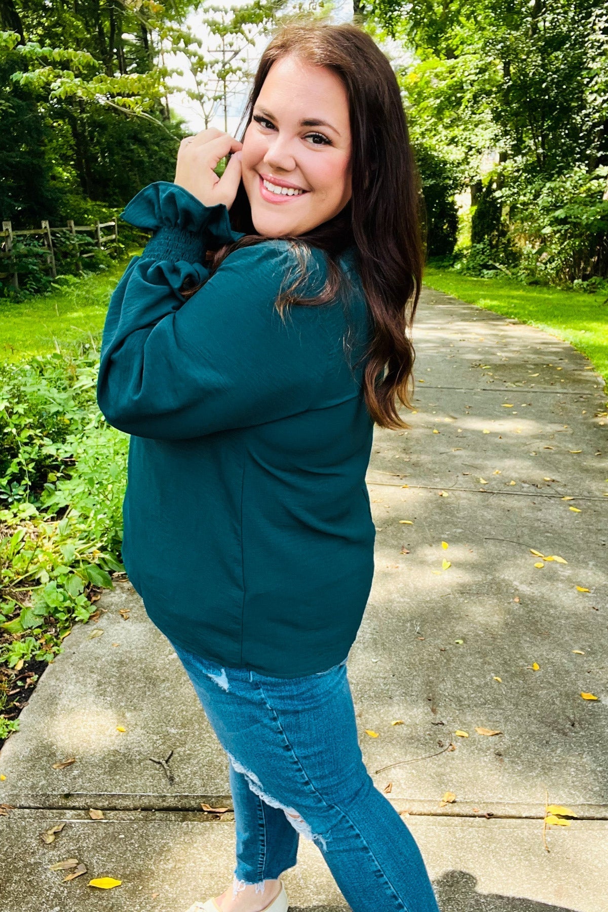 Nadine | Hello beautiful hunter green smocked woven top with bubble sleeves