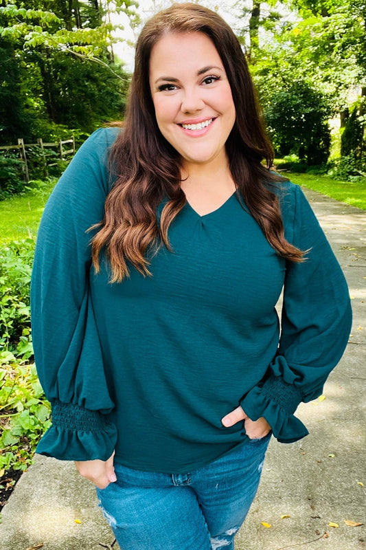 Nadine | Hello beautiful hunter green smocked woven top with bubble sleeves