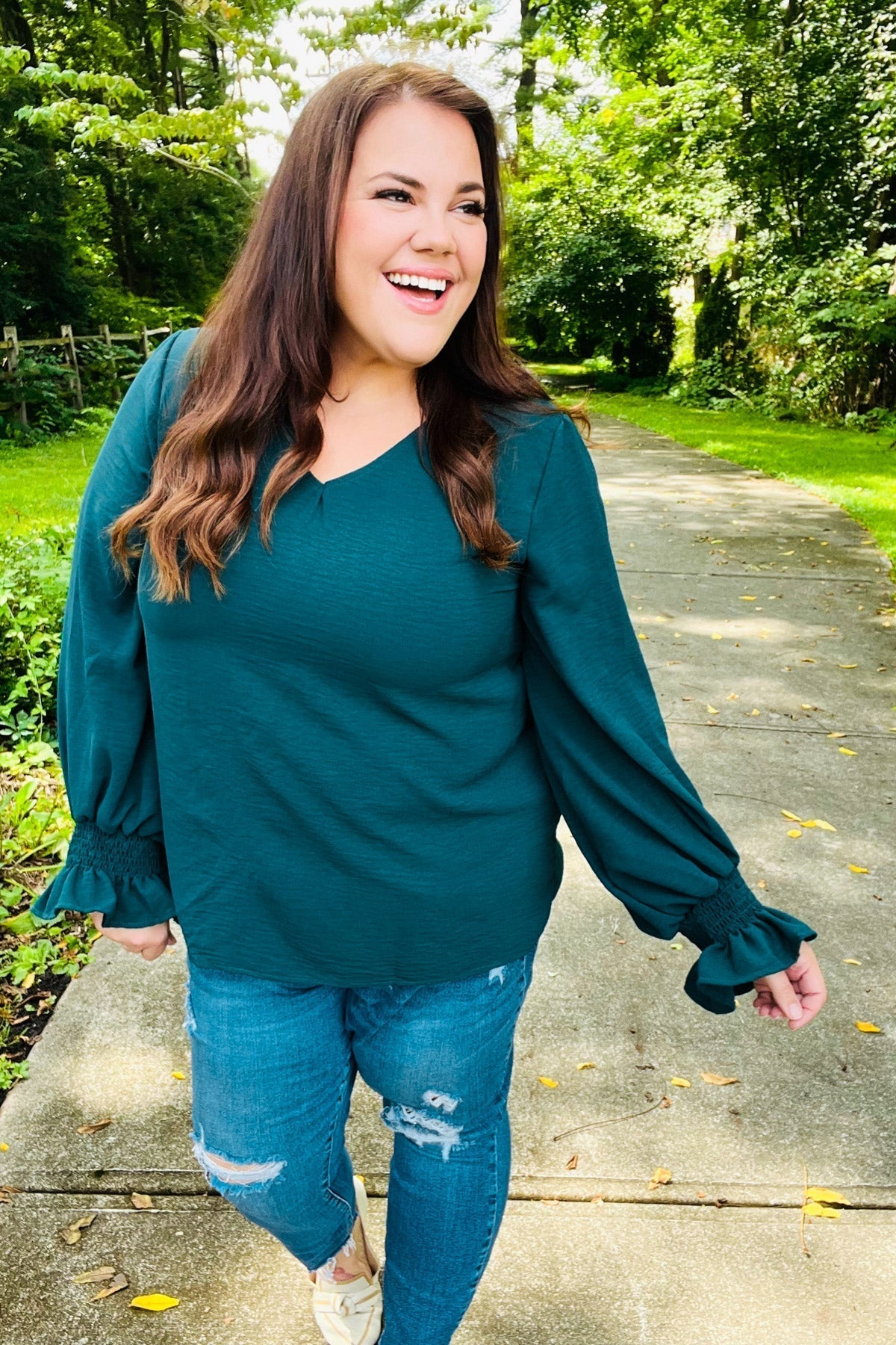 Nadine | Hello beautiful hunter green smocked woven top with bubble sleeves