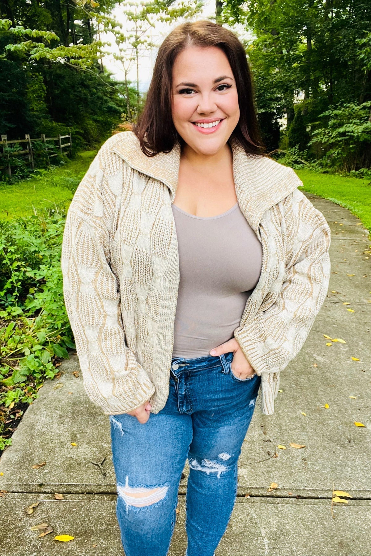 Odette | Autumn Vibes Taupe structured cable knit cardigan with collar