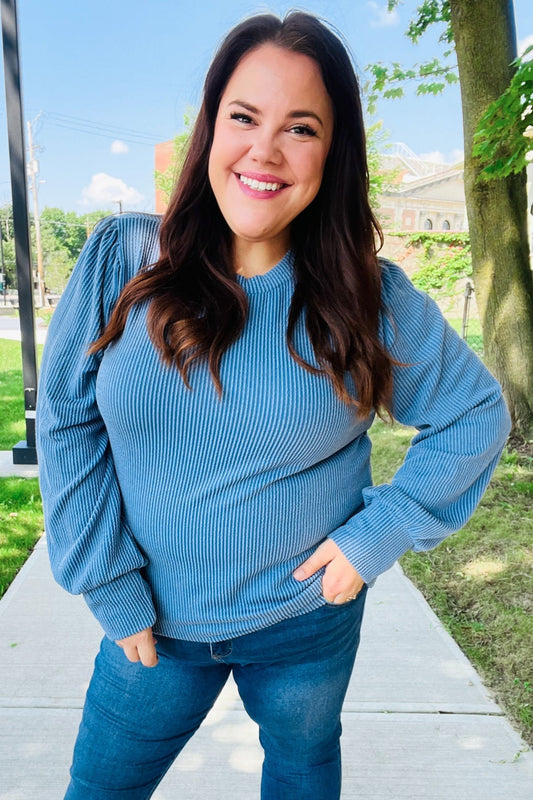Greta | Everyday Vintage Denim Rib Mineral Wash Long Sleeve Top
