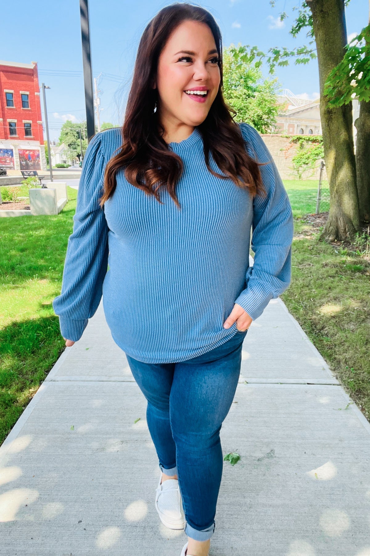 Greta | Everyday Vintage Denim Rib Mineral Wash Long Sleeve Top