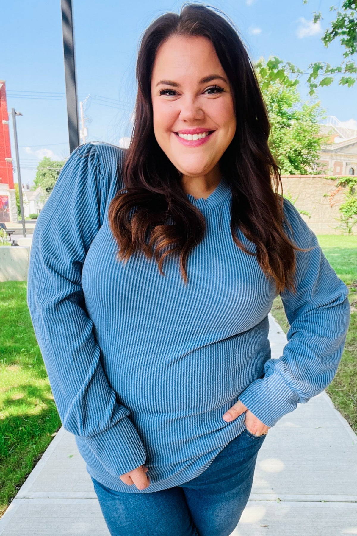Greta | Everyday Vintage Denim Rib Mineral Wash Long Sleeve Top