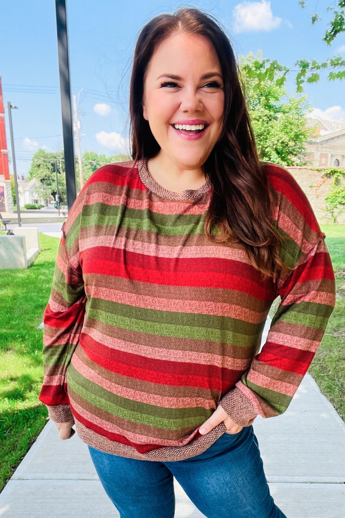 Marita | Perfectly You Olive and mauve striped two-tone tie-neck sweater top