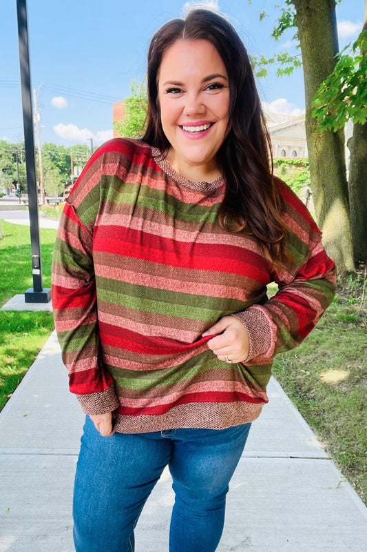 Marita | Perfectly You Olive and mauve striped two-tone tie-neck sweater top