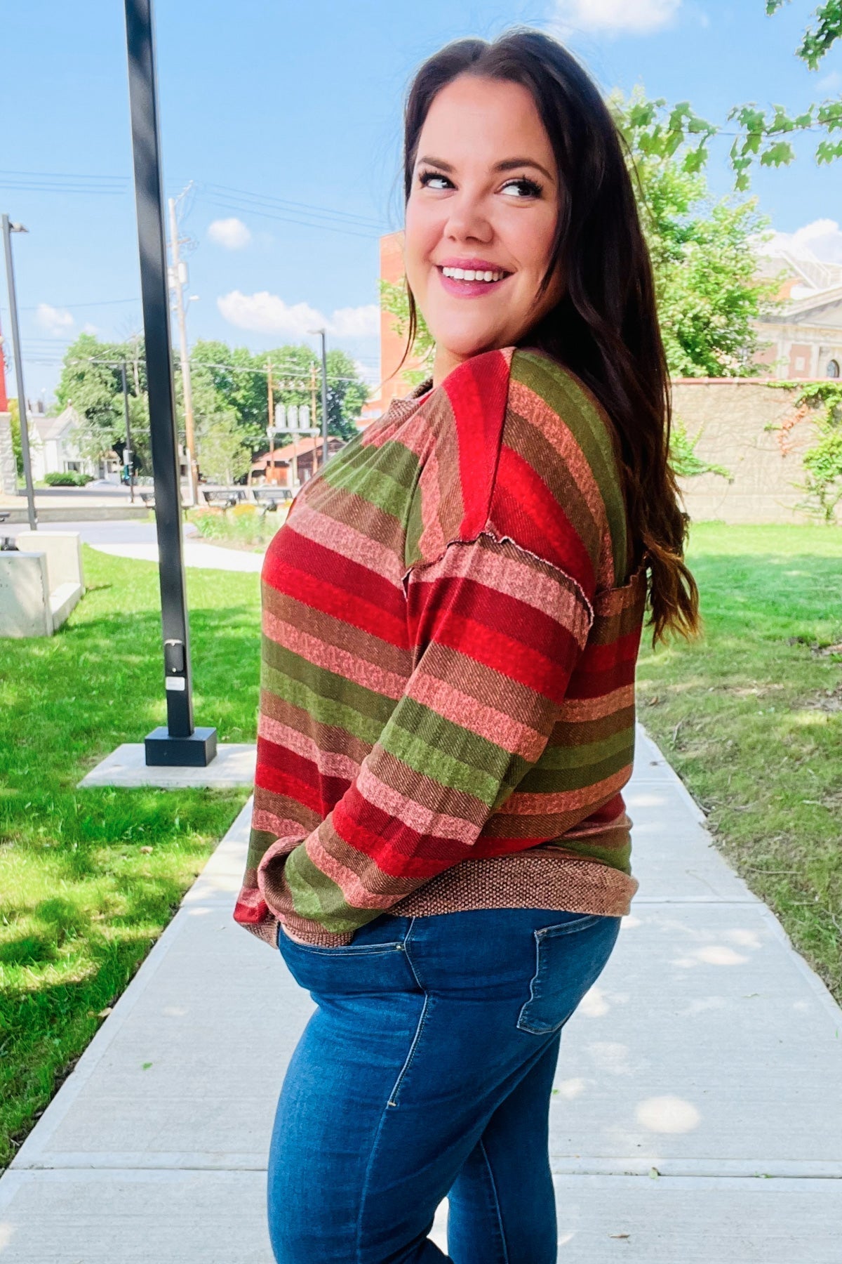 Marita | Perfectly You Olive and mauve striped two-tone tie-neck sweater top