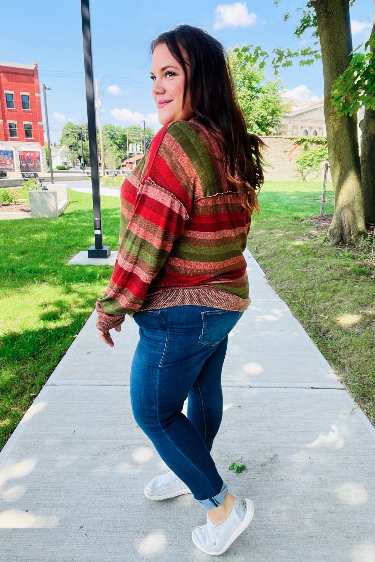 Marita | Perfectly You Olive and mauve striped two-tone tie-neck sweater top