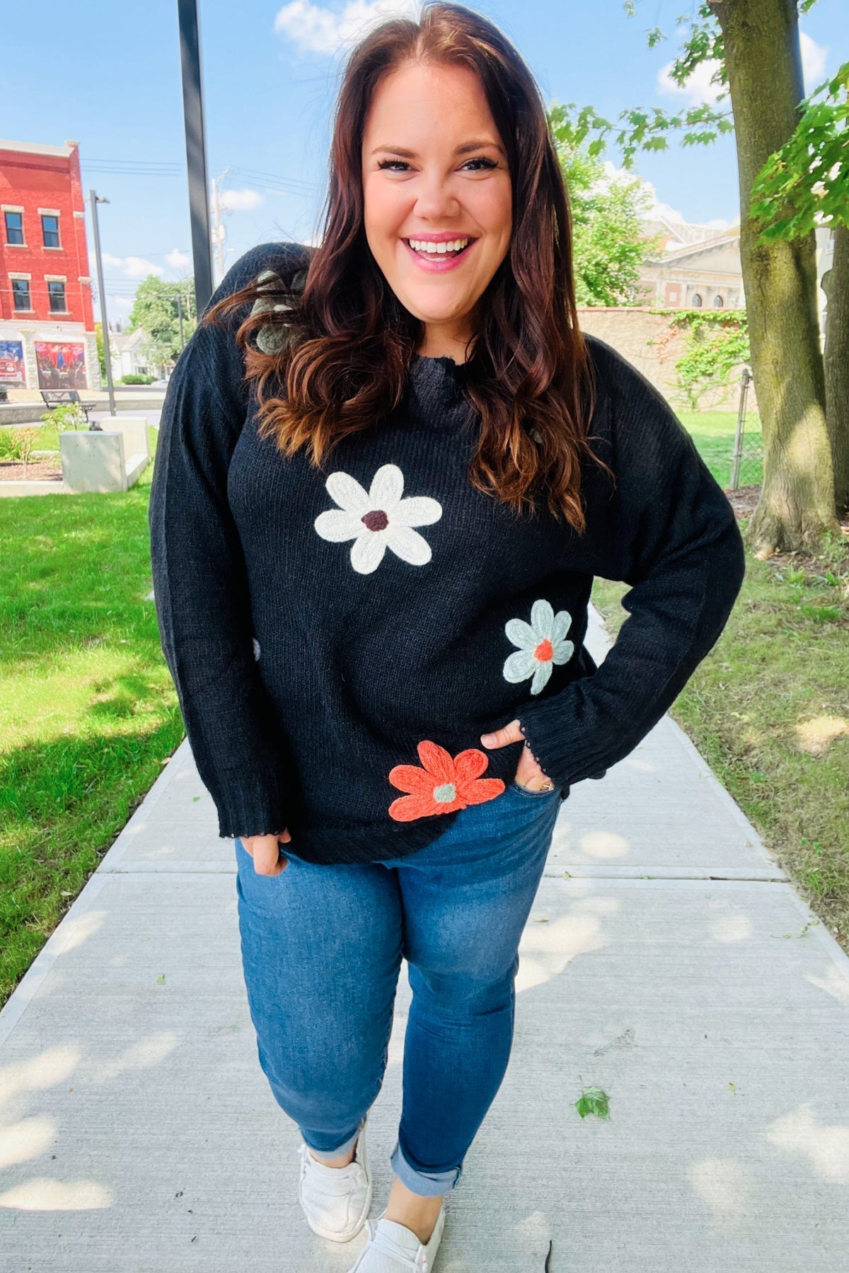 Luisa | Eyes On You oversized knit sweater with floral patch in black