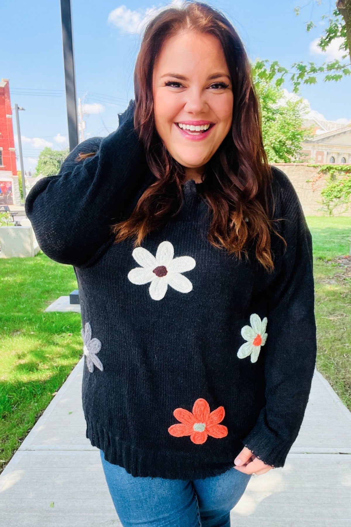 Luisa | Eyes On You oversized knit sweater with floral patch in black