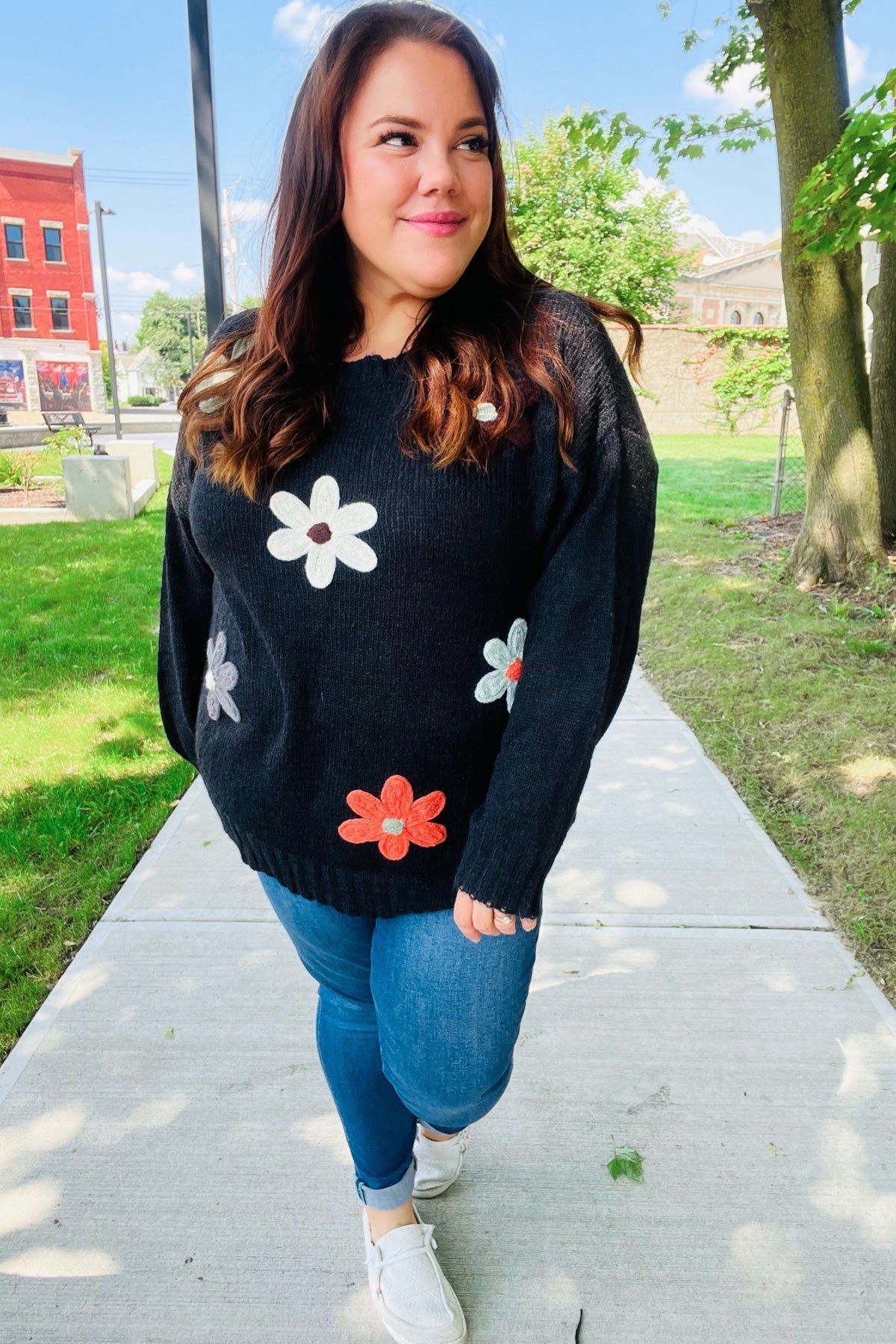 Luisa | Eyes On You oversized knit sweater with floral patch in black