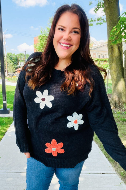 Luisa | Eyes On You oversized knit sweater with floral patch in black
