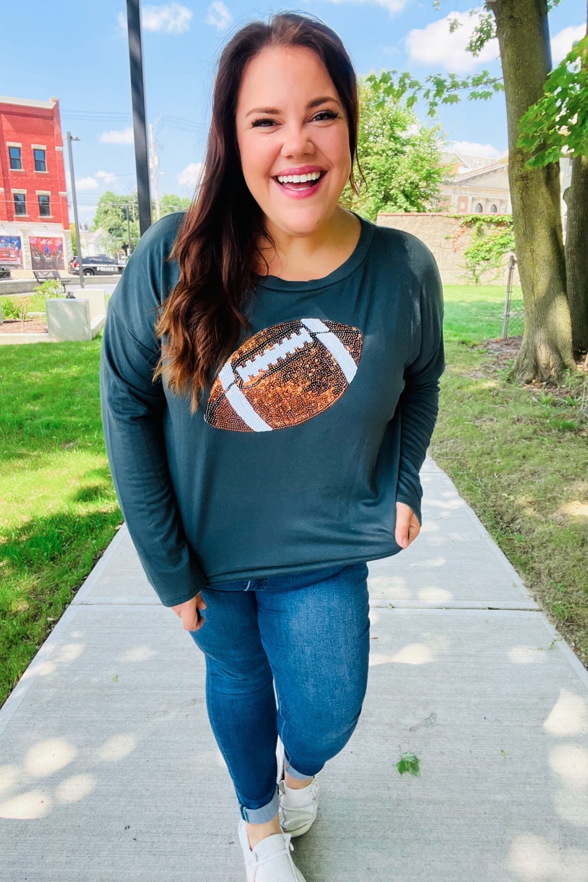 Tereza | Game Day Forest Green Sequin Terry Top with Football Patch
