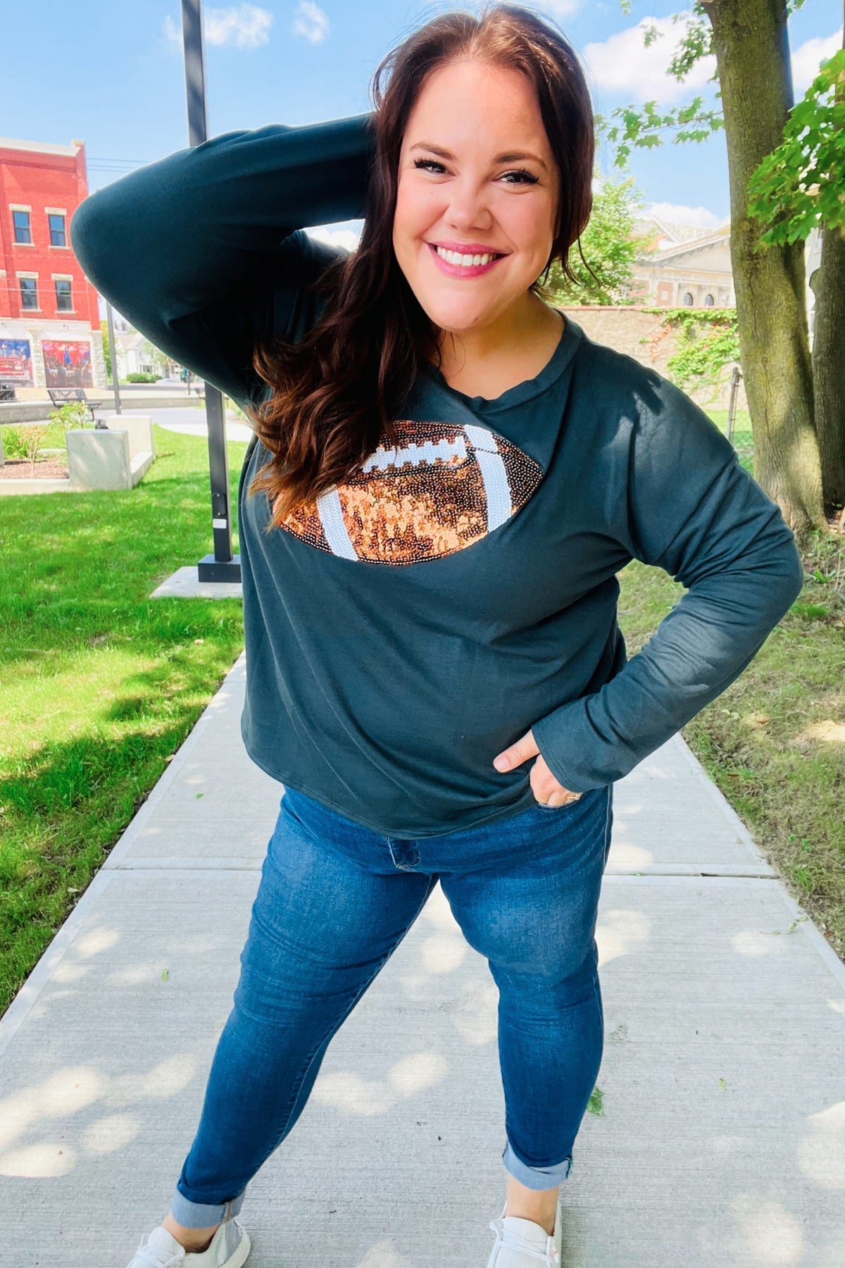 Tereza | Game Day Forest Green Sequin Terry Top with Football Patch