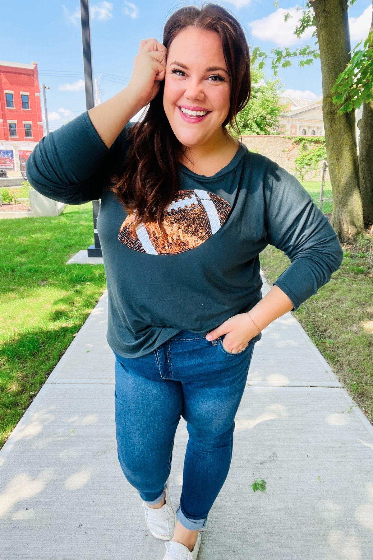Tereza | Game Day Forest Green Sequin Terry Top with Football Patch