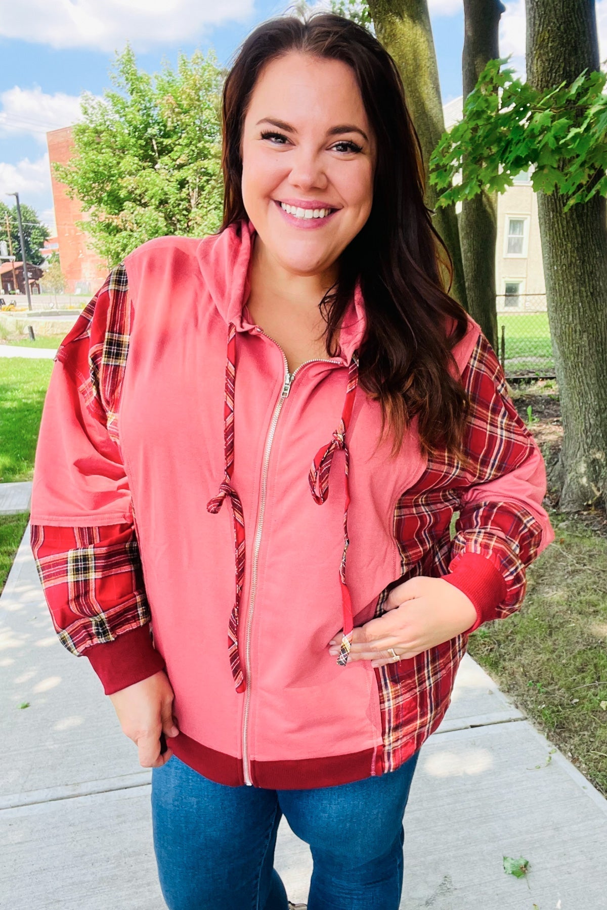Aneta | Adorable marsala check French terry hoodie with color block zip fastening