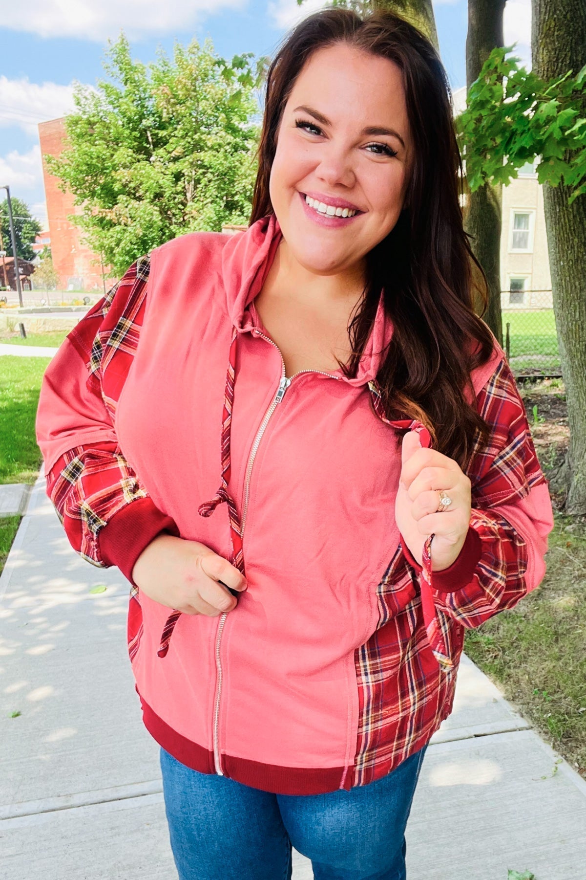 Aneta | Adorable marsala check French terry hoodie with color block zip fastening