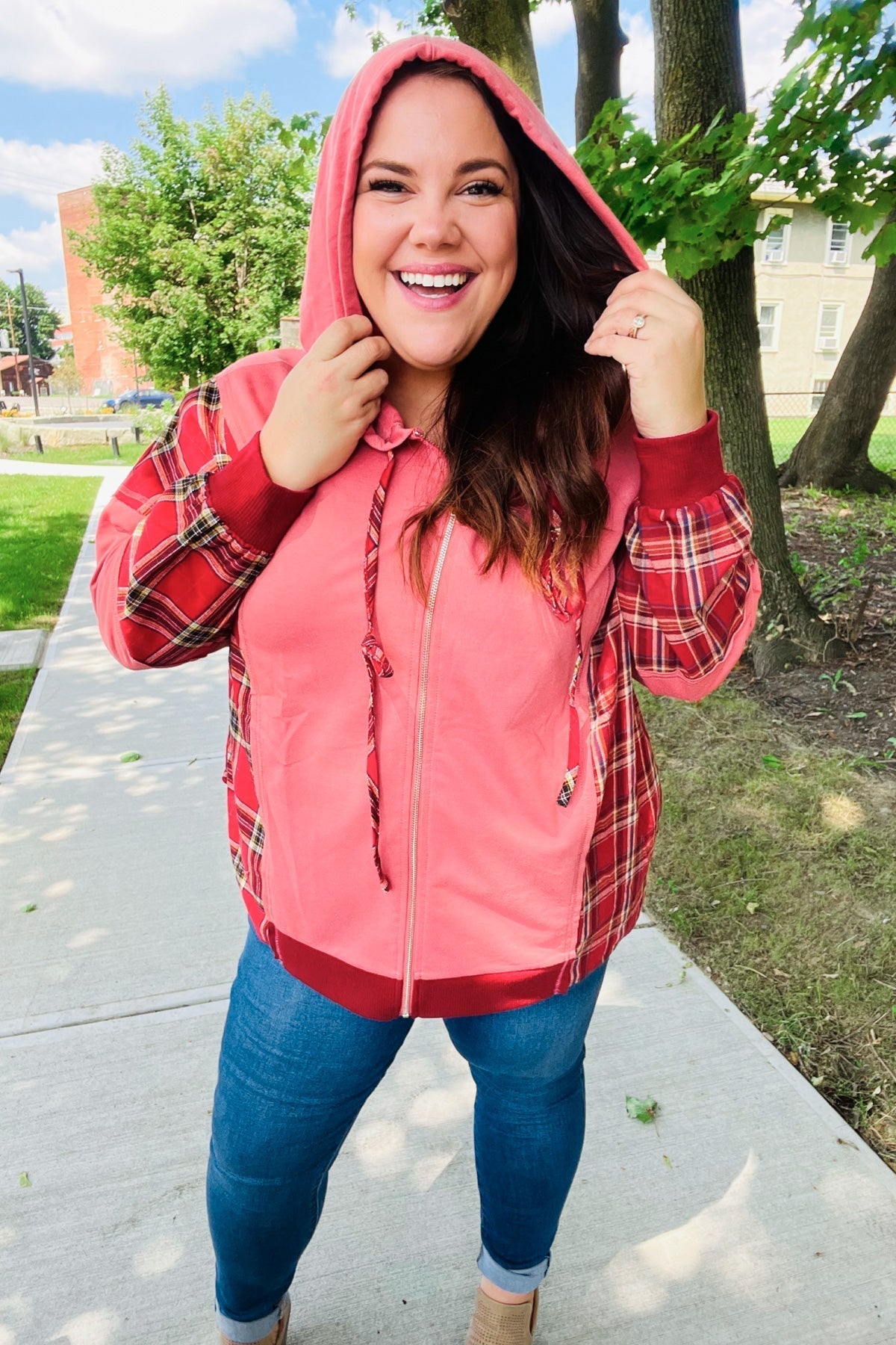 Aneta | Adorable marsala check French terry hoodie with color block zip fastening