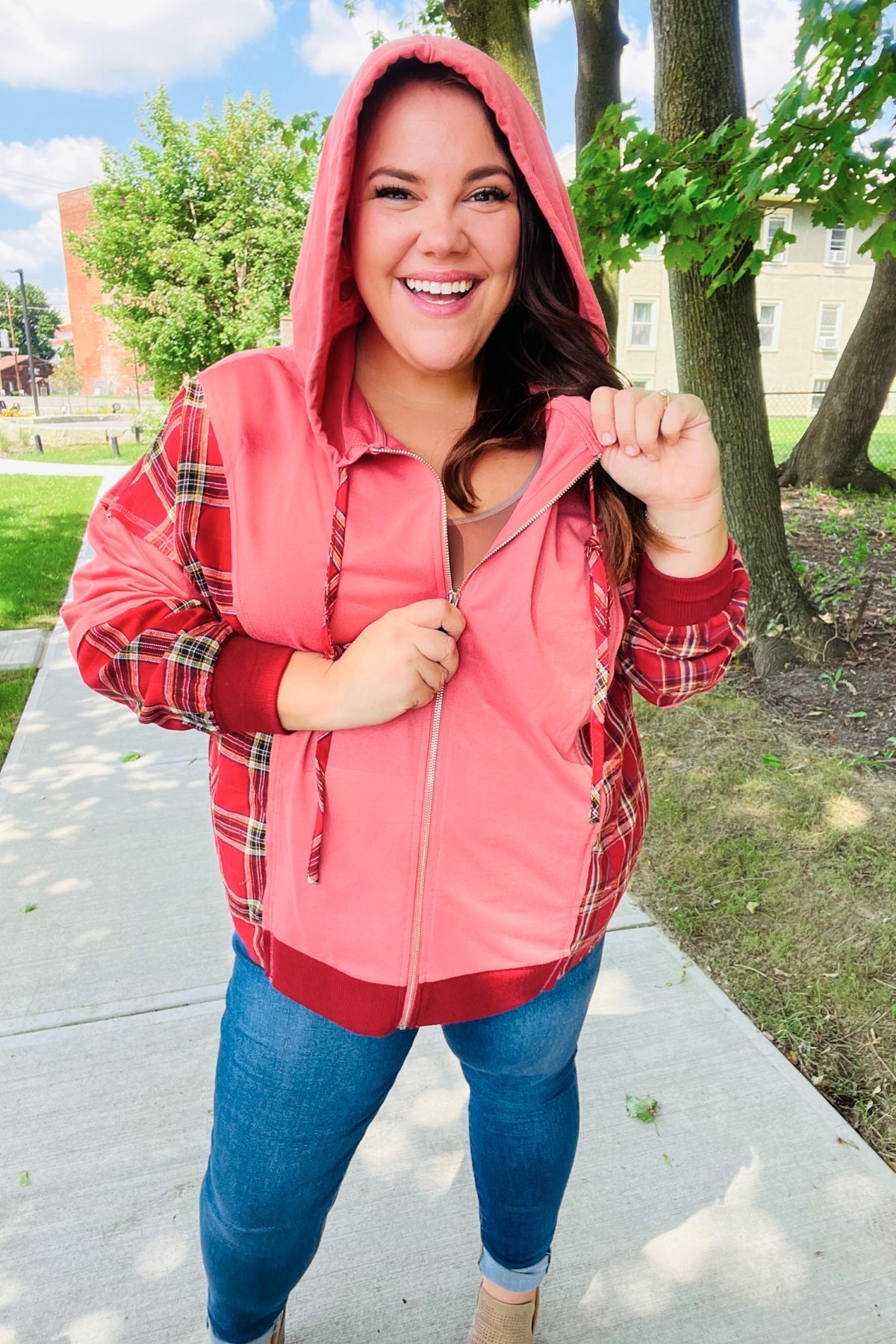 Aneta | Adorable marsala check French terry hoodie with color block zip fastening