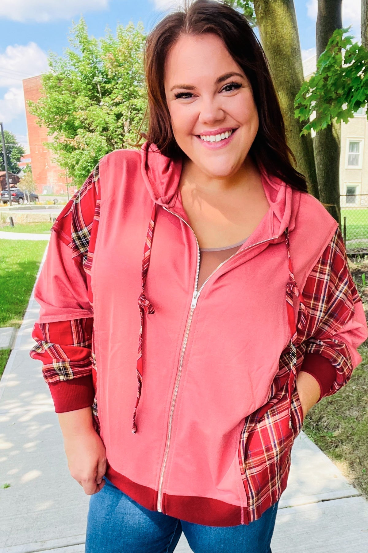 Aneta | Adorable marsala check French terry hoodie with color block zip fastening