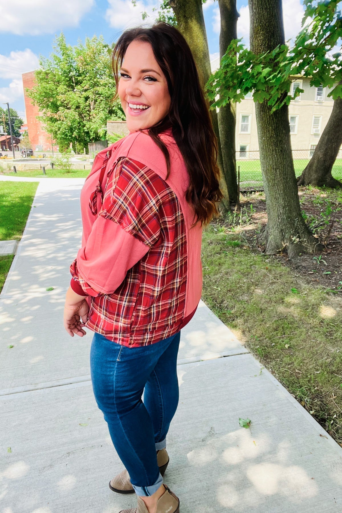 Aneta | Adorable marsala check French terry hoodie with color block zip fastening