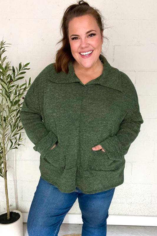 Kristina | Easy Living Olive green textured knit sweater with notched neckline and oversized collar