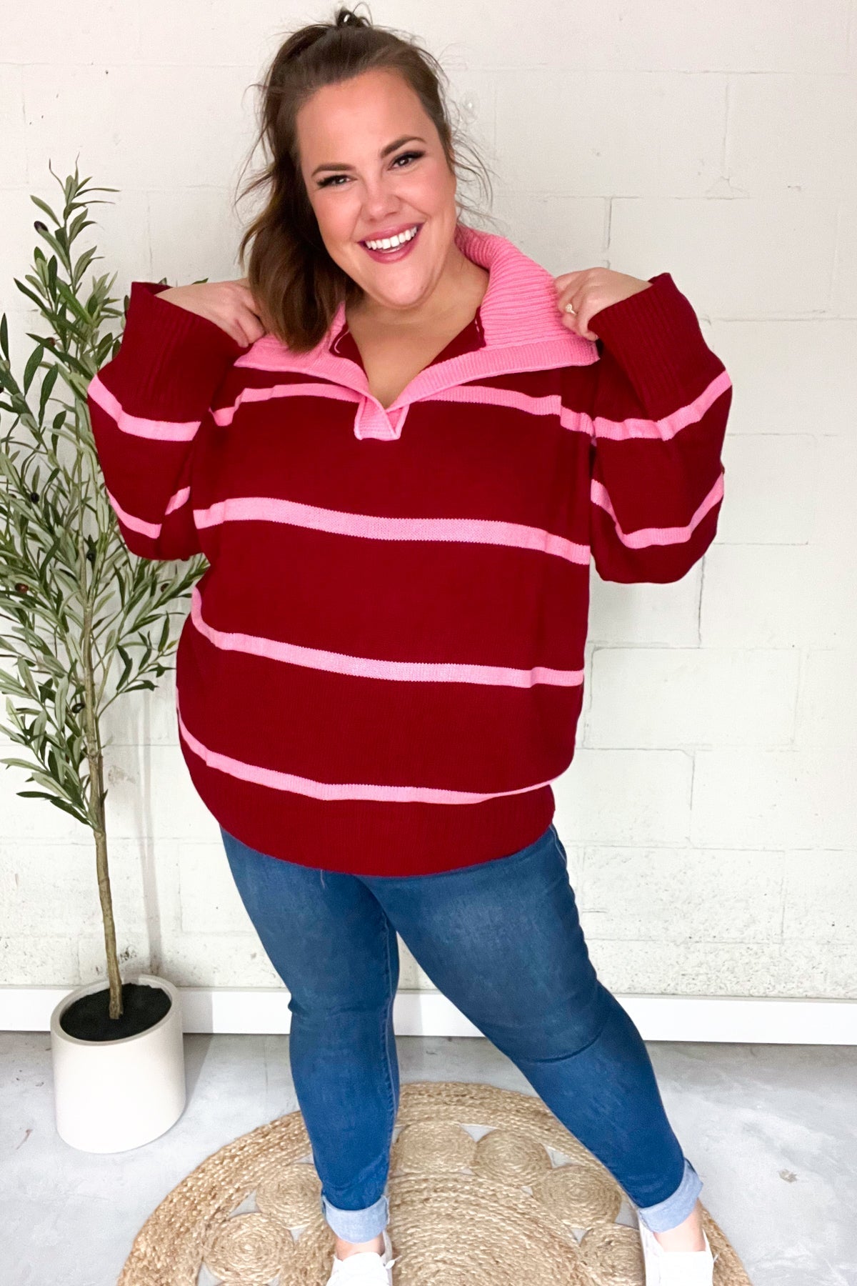 Frieda | Fall For You oversized sweater with notched collar and crimson stripes