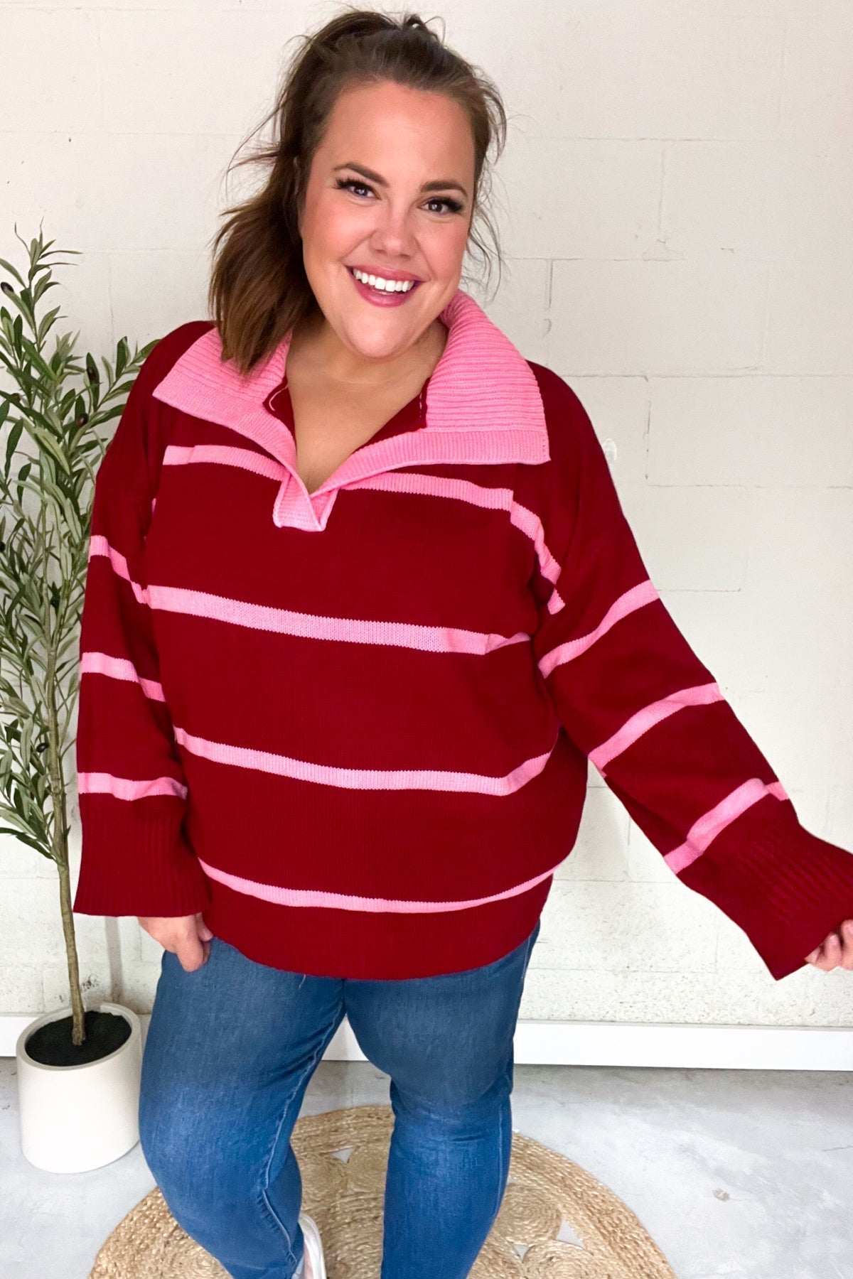 Frieda | Fall For You oversized sweater with notched collar and crimson stripes