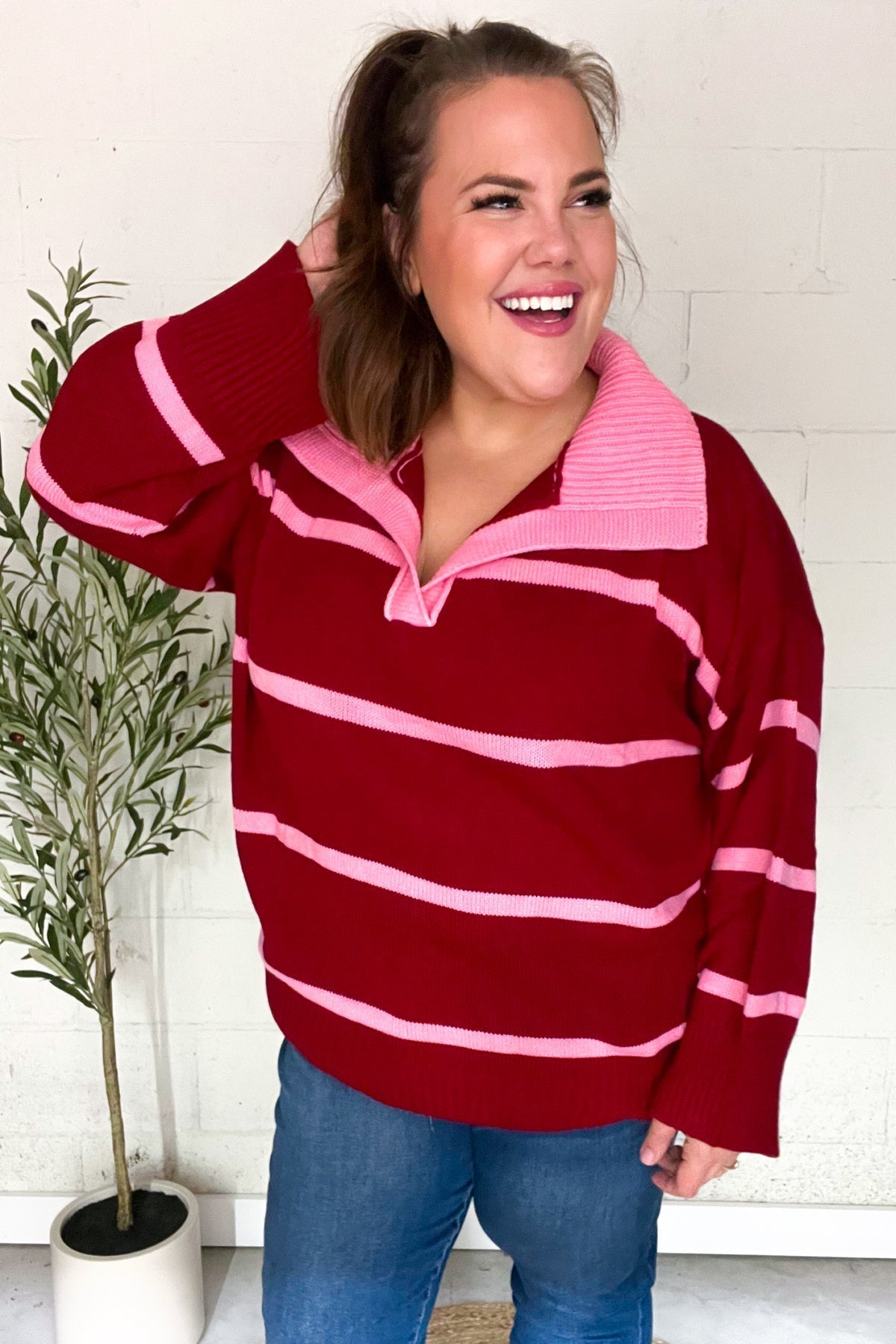 Frieda | Fall For You oversized sweater with notched collar and crimson stripes