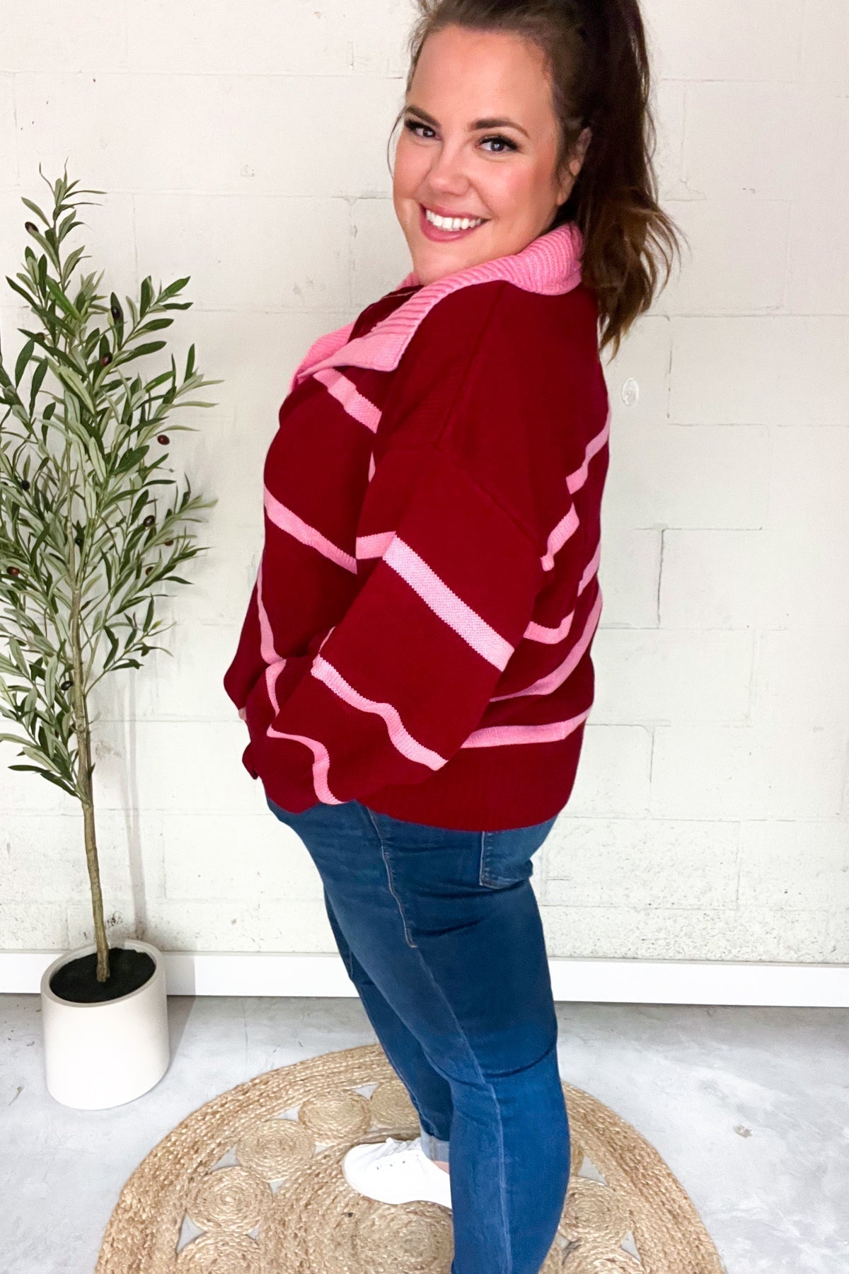 Frieda | Fall For You oversized sweater with notched collar and crimson stripes