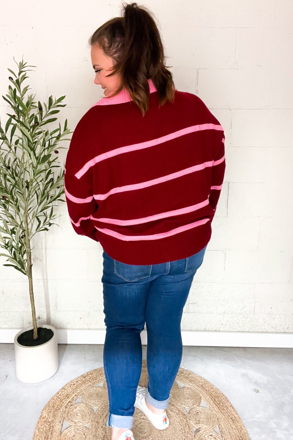 Frieda | Fall For You oversized sweater with notched collar and crimson stripes