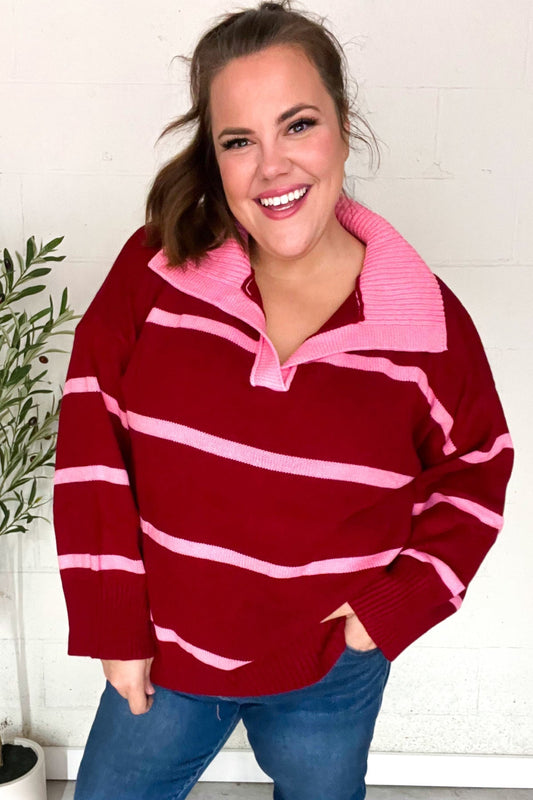 Frieda | Fall For You oversized sweater with notched collar and crimson stripes