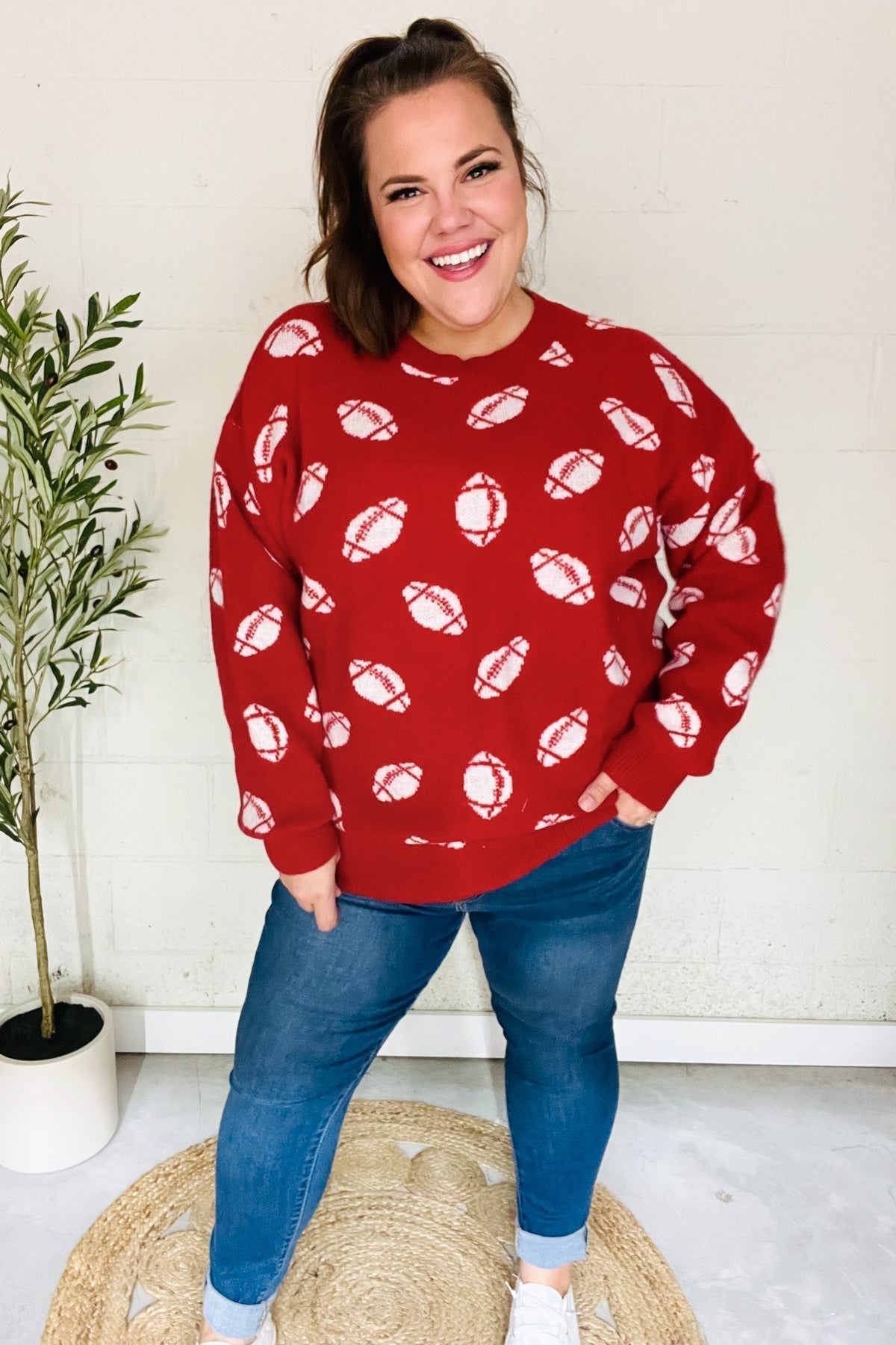 Gisela | Red football print jacquard knit sweater for game day