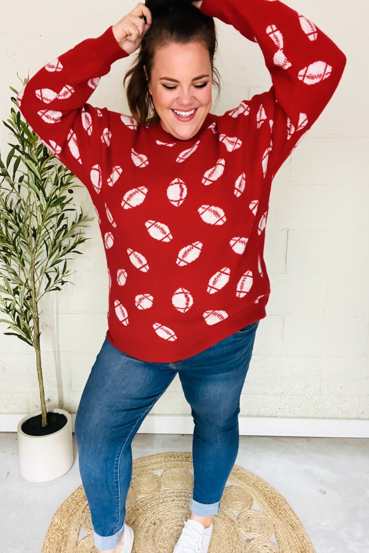 Gisela | Red football print jacquard knit sweater for game day